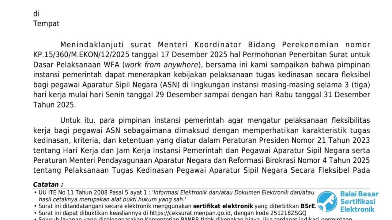 Download Surat Edaran WFA ASN 29-31 Desember 2025 Di Sini Download Surat Edaran WFA ASN 29-31 Desember 2025 Di Sini